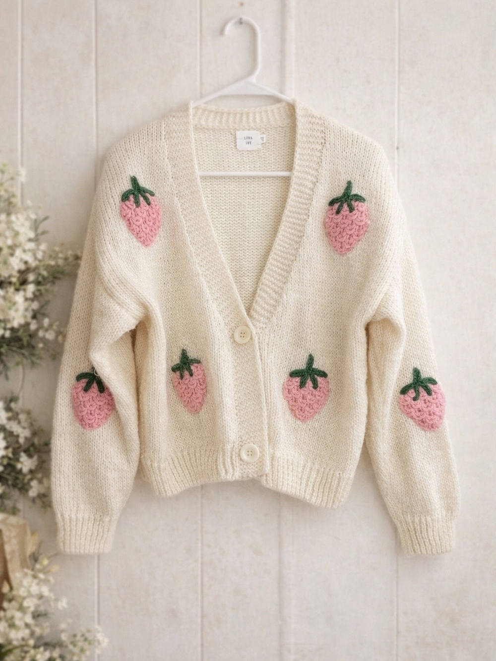 Cream Strawberry-Appliqué Button Cardigan Sweater